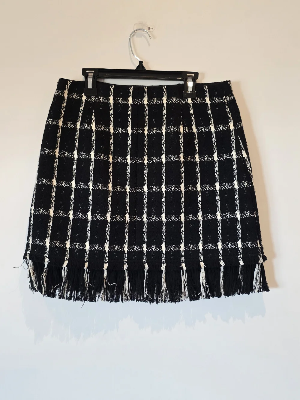 Tory Burch Black & White Checked Fringe Mini Skirt